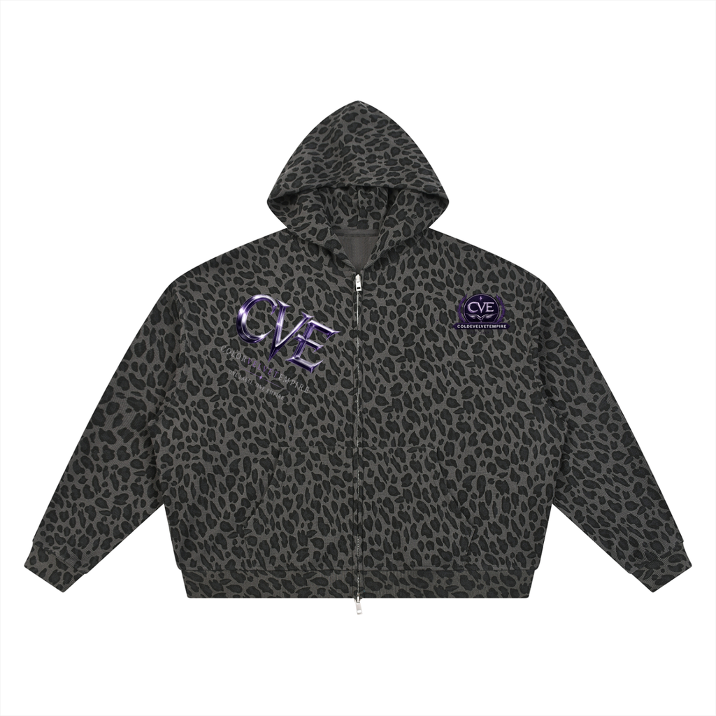 Unisex Leopard Print Waffle Full Zip Hoodie